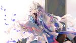  1boy ahoge bangs bishounen black_pants center_frills dragen_li fate/grand_order fate_(series) flower flower_knot hair_between_eyes hair_ornament highres hood hood_down hooded_robe long_hair long_sleeves looking_to_the_side male_focus merlin_(fate) multicolored_hair pants petals pink_ribbon purple_eyes ribbon robe simple_background smile solo tassel turtleneck two-tone_hair very_long_hair white_background white_hair white_robe wide_sleeves 