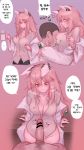  1boy 1girl absurdres animal_ears bar_censor blush breasts censored cleavage closed_mouth cup eonsang face_to_breasts girls_frontline hair_between_eyes hetero highres holding holding_cup id_card labcoat long_hair long_sleeves medium_breasts penis persica_(girls_frontline) pink_hair pov shirt smile speech_bubble translation_request 