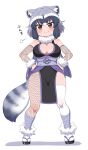  1girl animal_ears bandages bare_shoulders blush breasts brown_eyes cleavage common_raccoon_(kemono_friends) fang fang_out fishnet_gloves fishnet_legwear fishnets full_body fur_collar gloves grey_hair hands_on_hips kemono_friends large_breasts looking_at_viewer multicolored_hair ninja obi pelvic_curtain raccoon_ears raccoon_tail ransusan sash short_hair simple_background smile smug socks solo tail thighhighs white_background white_hair white_legwear 