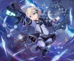  1boy blonde_hair blue_eyes earrings ell final_fantasy final_fantasy_xiv floating floating_hair gloves glowing gun highres holding holding_gun holding_weapon jewelry lalafell machinist_(final_fantasy) male_focus parted_lips pointing_weapon pointy_ears robot single_earring smile solo teeth weapon white_gloves 