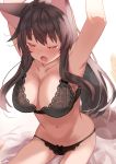  1girl :o absurdres animal_ears armpits arms_up bare_shoulders black_bra black_panties bra breasts cleavage closed_eyes collarbone fox_ears fumi_(nijisanji) highres lace lace-trimmed_bra lace-trimmed_panties large_breasts lingerie navel nijisanji open_mouth panties sidelocks sitting solo stomach stretch tears thighs tonari_no_kai_keruberosu underwear underwear_only virtual_youtuber 