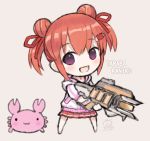  1girl :d animal apex_legends bangs brown_hair capriccio chibi commentary_request copyright_request crab dated double_bun eyebrows_visible_through_hair full_body gun hair_between_eyes hair_ornament hair_ribbon hairclip holding holding_gun holding_weapon jacket long_sleeves looking_at_viewer open_mouth pink_footwear pleated_skirt purple_eyes red_ribbon red_skirt ribbon shoes sidelocks signature skirt smile solo standing twintails virtual_youtuber weapon white_jacket 