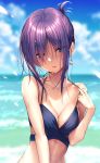  1girl :o bangs beach bikini bikini_tug blue_bikini blue_eyes blush breasts cleavage collarbone day earrings eyebrows_visible_through_hair hair_over_one_eye hanikami_kanojo jewelry medium_breasts miyatsuki_yuna mole outdoors piromizu purple_hair short_hair sidelocks solo swimsuit wet 