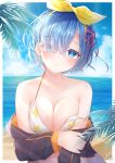  bikini_top komugi_(2212) open_shirt re_zero_kara_hajimeru_isekai_seikatsu rem_(re_zero) swimsuits wardrobe_malfunction 