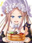  1girl abigail_williams_(fate/grand_order) abigail_williams_(swimsuit_foreigner)_(fate) bangs bare_shoulders bikini black_cat black_jacket blonde_hair blue_eyes blush bonnet bow braid breasts cat fate/grand_order fate_(series) food forehead hair_bow hair_rings haura_akitoshi jacket long_hair looking_at_viewer off_shoulder open_clothes open_jacket open_mouth pancake parted_bangs plate sidelocks simple_background small_breasts smile swimsuit twin_braids twintails very_long_hair white_background white_bikini white_bow white_headwear 