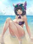  1girl :d animal_ears areola_slip areolae arm_support ass azur_lane bangs bare_arms bare_shoulders barefoot beach bikini black_choker black_hair blunt_bangs blurry blurry_background blush bow breasts cat_ears cheshire_(azur_lane) cheshire_(summery_date!)_(azur_lane) choker cleavage collarbone commentary_request day deaver eyebrows_visible_through_hair eyewear_on_head fang flower frills hair_flower hair_ornament highres horizon knees_together_feet_apart knees_up large_breasts looking_at_viewer maid_headdress multicolored_hair ocean open_mouth outdoors purple_bikini purple_bow purple_flower sitting smile soaking_feet solo strapless strapless_bikini streaked_hair sunglasses swimsuit water 