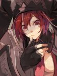  1girl bow bowtie breasts cleavage fingerless_gloves gloves guilty_gear guilty_gear_2 hat hyakuhachi_(over3) jester_cap medium_breasts necktie red_eyes red_hair red_neckwear short_hair solo valentine_(guilty_gear) 