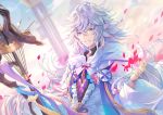  1boy ahoge bangs bishounen center_frills cloud cloudy_sky fate/grand_order fate_(series) flower flower_knot hair_between_eyes hair_ornament holding holding_staff holding_weapon hood hood_down hooded_robe kagachi_saku long_hair long_sleeves looking_at_viewer male_focus merlin_(fate) multicolored_hair pants parted_lips petals pink_ribbon purple_eyes ribbon robe sky smile solo staff tassel turtleneck two-tone_hair upper_body very_long_hair weapon white_hair white_robe wide_sleeves 
