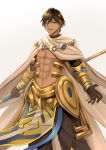  1boy abs absurdres ahoge black_gloves brown_hair cape dark_skin dark_skinned_male egyptian egyptian_clothes fate/grand_order fate/prototype fate/prototype:_fragments_of_blue_and_silver fate_(series) gauntlets gloves gu_li hair_between_eyes highres holding holding_staff jewelry looking_at_viewer male_focus muscle necklace open_mouth ozymandias_(fate) shirtless shrug_(clothing) simple_background smile solo staff white_background white_cape yellow_eyes 
