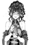  1girl @_@ armlet bangs bare_shoulders blush breasts fate/grand_order fate_(series) fingerless_gloves flower gloves greyscale hair_flower hair_ornament hair_up half_gloves highres large_breasts long_hair looking_at_viewer lotion_bottle monochrome murasaki_shikibu_(fate) murasaki_shikibu_(swimsuit_rider)_(fate) nakuta one-piece_swimsuit open_mouth shawl simple_background smile swimsuit tied_hair white_background 