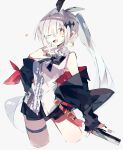  1girl bare_shoulders black_jacket black_neckwear black_ribbon black_skirt blush crescent crescent_earrings cropped_legs diamond_hair_ornament earrings eyebrows_visible_through_hair eyes_visible_through_hair fang finger_to_mouth five-seven_(girls_frontline) frilled_shirt_collar frills girls_frontline gun hair_between_eyes hair_intakes hair_ribbon handgun highres holding holding_gun holding_weapon jacket jewelry long_hair meto_(metrin) off-shoulder_jacket one_eye_closed open_mouth ponytail ribbon shirt simple_background skirt sleeveless sleeveless_shirt smile solo star_(symbol) thigh_strap weapon white_background white_hair white_shirt yellow_eyes 