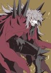  1boy angry armor beard cape facial_hair fate_(series) gauntlets grey_hair highres koryuu_(gackter10) long_hair male_focus red_cape red_eyes simple_background solo spikes squatting torn_cape torn_clothes vlad_iii_(fate/extra) 