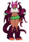  1girl arms_at_sides blush breasts claws closed_mouth dark_skin dragon_girl dragon_horns english_commentary extra_mouth full_body green_neckwear green_skirt hair_between_eyes horns jabberwock_(monster_girl_encyclopedia) large_breasts long_hair looking_at_viewer microskirt midriff monster_girl monster_girl_encyclopedia navel nose_blush pink_hair pleated_skirt pout purple_eyes rtil school_uniform second-party_source serafuku shirt simple_background skindentation skirt standing stomach tail thick_thighs thighs white_background 