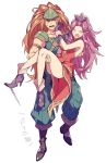  1boy 1girl aircraft angela_(seiken_densetsu_3) ankle_boots armlet armor black_footwear blue_headwear blue_pants blue_shirt boots carrying closed_eyes commentary dancing_youkai dress duran_(seiken_densetsu_3) frown full_body gloves green_headwear hairband hand_on_another&#039;s_face hat helicopter high_heel_boots high_heels long_hair looking_at_another medium_dress open_mouth pants pauldrons pointy_ears princess_carry purple_footwear purple_gloves purple_hair pushing_away red_dress red_hairband seiken_densetsu seiken_densetsu_3 shirt shoulder_armor simple_background sleeveless sleeveless_dress sleeveless_shirt standing translation_request v-shaped_eyebrows white_background 