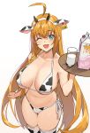  1girl ;d absurdres ahoge animal_ears animal_print aqua_eyes bikini blush breasts collarbone commentary_request cow_ears cow_horns cow_print ear_tag eyebrows_visible_through_hair fake_animal_ears glass gradient gradient_background hairband highres holding horns icarus_(632247131) large_breasts long_hair looking_at_viewer milk milk_carton navel one_eye_closed open_mouth orange_hair pecorine_(princess_connect!) princess_connect! princess_connect!_re:dive smile solo swimsuit thighhighs very_long_hair white_background white_hairband white_legwear 