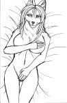  anthro bed breasts canid canine covering covering_breasts covering_pussy female fluffy fox fur furniture hair hi_res lying mammal monochrome on_bed smile solo zi0808 