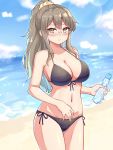  1girl absurdres beach bikini black_bikini blue_sky bottle breasts brown_eyes brown_hair cleavage cloud commentary_request cowboy_shot day forneus_0 futaba_rio glasses highres horizon large_breasts long_hair looking_at_viewer ocean outdoors ramune seishun_buta_yarou side-tie_bikini sky solo standing swimsuit water 