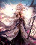  1boy ahoge bangs bishounen black_pants center_frills cloud fate/grand_order fate_(series) flower flower_knot hair_between_eyes hair_ornament highres holding holding_staff holding_sword holding_weapon hood hood_down hooded_robe light_smile long_hair long_sleeves looking_at_viewer male_focus merlin_(fate) multicolored_hair pants petals pink_ribbon purple_eyes ribbon robe signature sky smile solo staff sword tassel tenyo0819 turtleneck two-tone_hair very_long_hair weapon white_hair white_robe wide_sleeves 