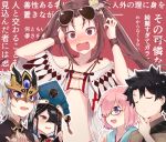  1other 2boys 2girls @_@ bangs bare_shoulders bikini black_hair blue_eyes blue_headwear blush breasts brown_eyes brown_hair chaldea_pathfinder cleavage closed_eyes closed_mouth collarbone consort_yu_(fate) earrings eyewear_on_head fate/grand_order fate_(series) fujimaru_ritsuka_(male) gao_changgong_(fate) glasses hair_ornament hair_over_one_eye hat horned_mask itsumi_mita jewelry lavender_hair long_hair looking_at_viewer mash_kyrielight masked medium_breasts mole mole_under_eye multiple_boys multiple_earrings multiple_girls navel open_clothes open_mouth purple_eyes robe short_hair silver_hair spiked_hair sunglasses swimsuit translation_request twintails very_long_hair white_bikini xu_fu_(fate) yu_miaoyi_(swimsuit_lancer) 