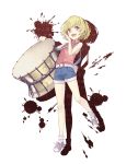  1girl :d belt belt_pouch blonde_hair crossover drop_shadow drum full_body higurashi_no_naku_koro_ni houjou_satoko instrument ji_no looking_at_viewer official_art open_mouth pouch red_eyes shirt shoes short_hair short_shorts shorts sinoalice sleeveless sleeveless_shirt smile sneakers solo transparent_background upper_teeth 