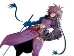  1boy albel_nox brown_hair gloves looking_at_viewer male_focus midriff purple_legwear simple_background smile solo star_ocean star_ocean_till_the_end_of_time sword thighhighs tukiwani weapon white_background 