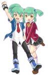  1boy 1girl :d arm_up bangs black_pants black_skirt blue_jacket brother_and_sister brown_footwear collared_shirt dress_shirt duel_academy_uniform_(yuu-gi-ou_5d&#039;s) eyebrows_visible_through_hair green_hair hair_between_eyes highres holding_hands jacket lua luca_(yuu-gi-ou) mechakucha miniskirt neck_ribbon necktie open_clothes open_jacket open_mouth pants pleated_skirt ponytail red_jacket red_neckwear red_sailor_collar ribbon sailor_collar shiny shiny_hair shirt siblings skirt smile standing standing_on_one_leg twins twintails white_legwear white_shirt wing_collar yellow_eyes yellow_ribbon yuu-gi-ou yuu-gi-ou_5d&#039;s 