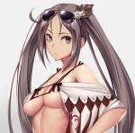  1girl bare_shoulders bow breasts brown-framed_eyewear brown_eyes brown_hair cleavage closed_mouth collarbone commentary_request consort_yu_(fate) ear_piercing expressionless eyewear_on_head fate/grand_order fate_(series) grey_background hair_ornament long_hair looking_at_viewer medium_breasts piercing red_bow sidelocks simple_background solo sunglasses swimsuit takanashi-a tassel twintails underboob upper_body very_long_hair yu_miaoyi_(swimsuit_lancer) 