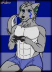  anthro blue_eyes bulge canid canine canis clothed clothing fluffy fluffy_tail fur gaming grey_body grey_fur headphones hi_res holding_object male mammal multicolored_body multicolored_fur muscular muscular_anthro muscular_male open_mouth partially_clothed playing_videogame simple_background sitting solo tattoo two_tone_body two_tone_fur underwear wolf zi0808 