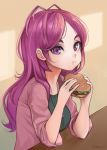  1girl :t artist_name bangs blush breasts commentary eating eyelashes food from_side green_shirt hamburger highres holding holding_food jacket jewelry long_hair looking_at_viewer necklace open_clothes original parted_bangs pink_jacket purple_eyes purple_hair shellvi shiny shiny_hair shirt small_breasts solo table upper_body 