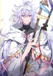  1boy absurdres ahoge bangs bishounen c.reo center_frills eyebrows eyebrows_visible_through_hair fate/grand_order fate_(series) flower_knot hair_between_eyes hair_ornament highres holding holding_staff holding_weapon hood hood_down hooded_robe huge_filesize long_hair long_sleeves looking_at_viewer male_focus merlin_(fate) multicolored_hair pink_ribbon purple_eyes ribbon robe simple_background smile solo staff tassel turtleneck two-tone_hair upper_body very_long_hair weapon white_background white_hair white_robe wide_sleeves 