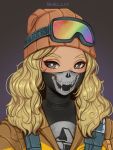 1girl absurdres artist_name beanie black_bodysuit blonde_hair bodysuit brown_background brown_jacket commentary fangs goggles goggles_on_head gradient gradient_background grey_background grey_eyes hat highres jacket long_hair looking_at_viewer mask mouth_mask original print_bodysuit shellvi skull_print solo upper_body wavy_hair 