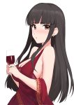  1girl absurdres bangs black_hair blunt_bangs breasts brown_eyes character_request cleavage cocktail_dress cup dress earrings eyebrows_visible_through_hair from_side highres holding holding_cup idolmaster idolmaster_shiny_colors jewelry large_breasts long_hair looking_at_viewer onao open_mouth red_dress shiny shiny_hair sideboob sidelocks simple_background sleeveless sleeveless_dress solo standing straight_hair very_long_hair white_background 