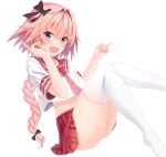  1boy :d androgynous astolfo_(fate) bangs black_bow blush bow braid braided_ponytail collarbone collared_shirt fang fate/apocrypha fate_(series) floating_hair hair_between_eyes hair_bow hair_intakes highres koco_(dcde7288) long_hair male_focus midriff miniskirt open_mouth otoko_no_ko pink_hair pink_neckwear pleated_skirt ponytail purple_eyes red_sailor_collar red_serafuku red_skirt sailor_collar sailor_shirt shiny shiny_hair shirt simple_background skin_fang skirt smile solo stomach thighhighs very_long_hair white_background white_legwear white_shirt 