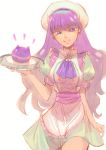  1girl apron bangs bow closed_mouth cowboy_shot earrings floating_hair hair_bow hat holding holding_plate jewelry jj_(ssspulse) kirakira_precure_a_la_mode kotozume_yukari long_hair looking_at_viewer miniskirt plate precure purple_bow purple_eyes purple_hair purple_neckwear shiny shiny_hair short_sleeves simple_background skirt smile solo standing v-shaped_eyebrows very_long_hair white_apron white_background white_headwear 