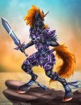  anthro armor drakainadawn equid equine female fight fighting_pose hi_res horn mammal melee_weapon pose rock sea solo sword unicorn water weapon 