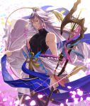  1boy ahoge bangs bare_shoulders bishounen black_pants black_shirt clothes_removed fate/grand_order fate_(series) flower hair_between_eyes hair_ornament holding holding_staff holding_weapon long_hair looking_at_viewer male_focus merlin_(fate) multicolored_hair pants parted_lips petals purple_eyes ribbon robe shirt solo staff two-tone_hair undressing very_long_hair weapon white_hair white_robe yahako 