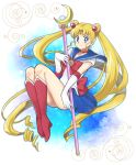  1girl bishoujo_senshi_sailor_moon blonde_hair blue_eyes blue_sailor_collar blue_skirt boots bow bowtie choker circlet closed_mouth collarbone crescent_choker double_bun floating_hair full_body hair_ornament holding holding_staff knee_boots long_hair looking_at_viewer mechakucha miniskirt pleated_skirt red_bow red_choker red_footwear red_neckwear sailor_collar sailor_moon sailor_senshi_uniform sailor_shirt shiny shiny_hair shirt skirt smile solo staff very_long_hair white_background white_shirt 