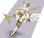  1girl bttfghn holding holding_staff looking_up mecha mechanical_wings mini_wings no_humans open_hand original robot solo staff standing white_background wings 