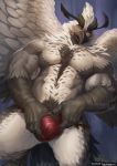  alpha0 anthro avian beak bird body_hair bulge chest_hair claws clothing feathers hi_res looking_at_viewer male muscular muscular_anthro muscular_male patreon red_clothing red_underwear solo underwear white_body white_feathers wings yellow_eyes 