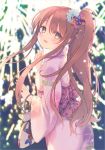  1girl :d aerial_fireworks bangs blue_flower blurry blurry_background blush bow brown_eyes brown_hair depth_of_field eyebrows_visible_through_hair fireworks floral_print flower hair_between_eyes hair_bow hair_flower hair_ornament hand_up idolmaster idolmaster_shiny_colors japanese_clothes kimono long_hair long_sleeves looking_at_viewer looking_back miyanome night obi oosaki_tenka open_mouth outdoors pink_kimono print_kimono sash side_ponytail smile solo standing very_long_hair wide_sleeves 