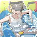  1girl armpits blue_eyes blush bottle convenient_censoring drooling ettone highres long_hair open_mouth original partially_submerged rubber_duck sitting solo spread_legs tank_top visor_cap wading_pool water 