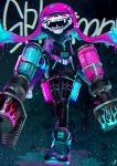  1girl black_pants cosplay fangs highres inkling jacket k/da_(league_of_legends) k/da_akali k/da_akali_(cosplay) leg_strap long_sleeves mask multicolored multicolored_eyes multicolored_hair pants poyospdn sharp_teeth shoes sneakers solo splatoon_(series) spray_can teeth weapon 