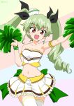  1girl :d absurdres alternate_costume anchovy_(girls_und_panzer) arm_up armpits back_bow bangs bare_shoulders black_ribbon bow cheerleader coco&#039;s commentary cowboy_shot dated derivative_work dixie_cup_hat double_horizontal_stripe drill_hair drops_mint eyebrows_visible_through_hair frilled_armband frilled_skirt frills girls_und_panzer green_bow green_hair hair_ribbon hat highres holding holding_pom_poms lace lace-trimmed_shirt large_bow long_hair looking_back midriff military_hat miniskirt multicolored multicolored_background navel open_mouth pleated_skirt pom_poms red_eyes ribbon shirt skirt smile solo standing strapless thighhighs tilted_headwear tubetop twin_drills twintails white_headwear white_legwear white_shirt white_skirt wristband 