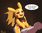  2020 black_body clothing cosplay_pikachu_(character) cosplay_pikachu_(costume) cowgirl_position duo english_text female female_on_top female_penetrated feral genitals human interspecies male male/female male_on_bottom male_penetrating male_penetrating_female mammal multicolored_body nintendo on_bottom on_top open_mouth penetration penis pikachu pikachu_libre pok&eacute;mon pok&eacute;mon_(species) pok&eacute;philia red_eyes renabu sex speech_bubble teeth text tongue two_tone_body vaginal vaginal_penetration video_games yellow_body 