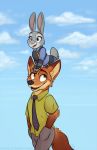  2016 anthro bottomwear buckteeth canid canine clothed clothing cloud disney duo emilythepenguin female fox fully_clothed fur hi_res judy_hopps lagomorph leporid male mammal necktie nick_wilde on_top open_mouth open_smile orange_body orange_fur outside pants rabbit red_fox shirt sky smile teeth topwear zootopia 