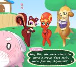  animal_crossing anthro bit-small breasts caroline_(animal_crossing) cleavage clothed clothing english_text female flirting group hi_res maddie_(animal_crossing) mammal nintendo outside pecan_(animal_crossing) rodent sciurid text video_games wide_hips 