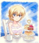 1girl artist_name bangs blonde_hair blue_eyes blue_sky braid breasts burafu cake chair cleavage closed_mouth cloud cloudy_sky commentary cup darjeeling_(girls_und_panzer) dated day dessert drinking_glass eyebrows_visible_through_hair food fork frilled_swimsuit frills fruit girls_und_panzer heart knife large_breasts looking_at_viewer napkin ocean one-piece_swimsuit outdoors sandwich saucer scone short_hair sitting sky smile solo strawberry swimsuit table tea teacup teapot tied_hair tiered_tray twin_braids white_swimsuit 