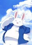  2020 absurd_res anthro biped clothed clothing eyes_closed fur hi_res kemono lagomorph leporid mammal open_clothing open_shirt open_topwear outside overweight overweight_anthro rabbit shirt solo topwear white_body white_fur zuppu11 
