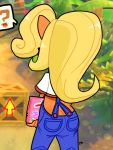  3:4 ? activision anthro bandicoot big_butt blonde_hair box butt butt_cleavage clothed clothing coco_bandicoot crash_bandicoot_(series) directional_arrow female hair mammal marsupial overalls solo speech_bubble teasing theeyzmaster video_games wumpa_fruit 