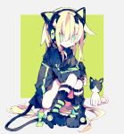  1girl absurdly_long_hair animal_ears arms_on_knees black_footwear blonde_hair bow cat cat_ear_headphones cat_tail commentary_request eyebrows_visible_through_hair fake_animal_ears girls_frontline green_eyes hair_between_eyes headphones knees_on_chest knees_up long_hair looking_down meto_(metrin) shoes sitting tail tail_bow tmp_(girls_frontline) two-tone_background very_long_hair 
